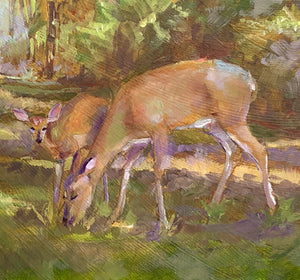 Cycles of Life original oil painting detail of doe and fawn by Pat Cross