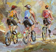 Load image into Gallery viewer, Cycles of Life original oil painting detail of cyclists by Pat Cross
