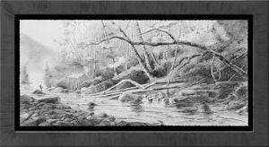 Fishing the Current framed drawing by Pat Cross.