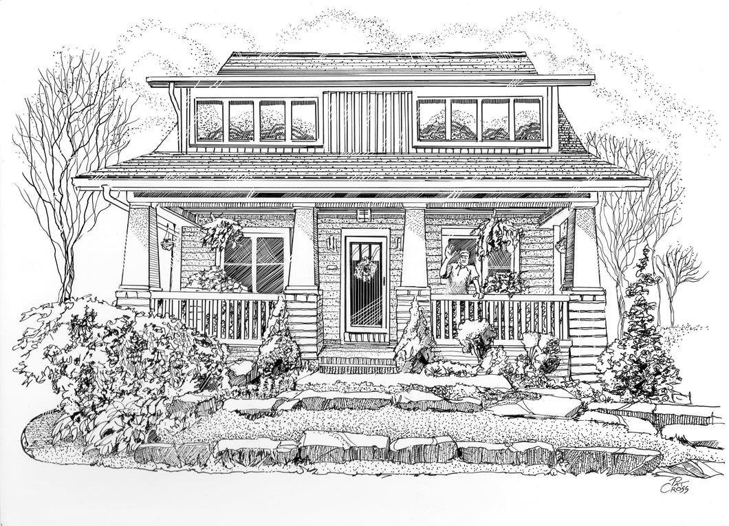 Front Porch Social pen and ink drawing by Pat Cross.