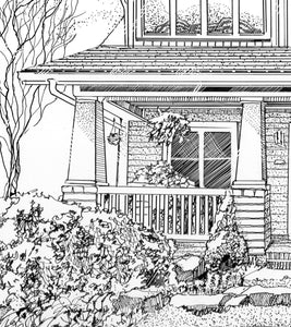 Front Porch Social pen and ink drawing detail by Pat Cross.