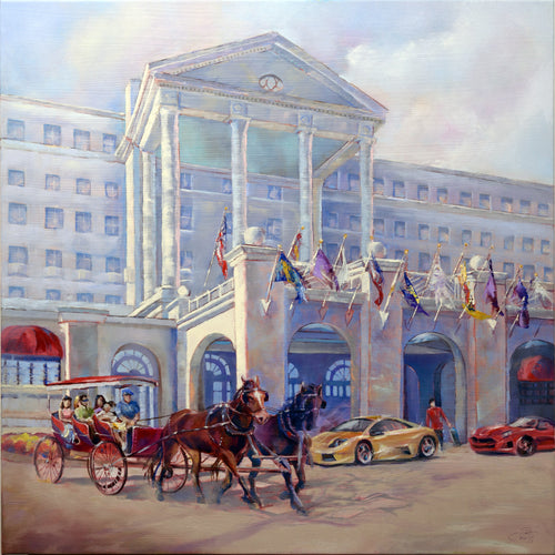 Greenbrier Hotel Then and Now painting by Pat Cross.
