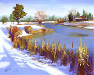 Hoarfrost on the River 8x10 oil painting by Pat Cross.