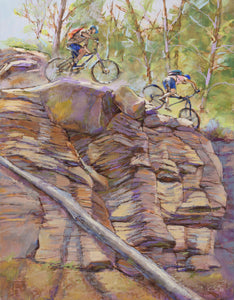 Mountain Bikers Rock original oil painting by Pat Cross.