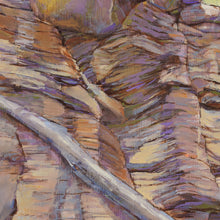 Load image into Gallery viewer, Mountain Bikers Rock original oil painting detail of the rocky cliff by Pat Cross.
