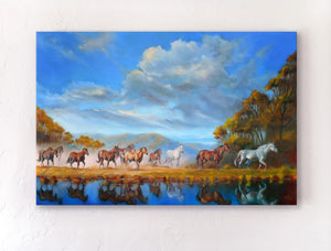 On to Greener Pastures oil painting by Pat Cross shown hanging on a white wall.