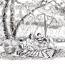 Load image into Gallery viewer, Picnic Under the Sycamore pen and ink drawing detail of family by Pat Cross.
