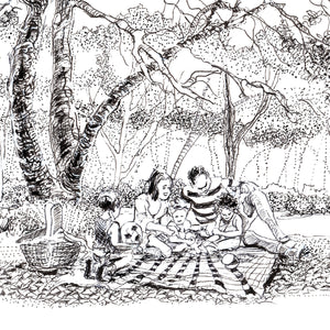 Picnic Under the Sycamore pen and ink drawing detail of family by Pat Cross.