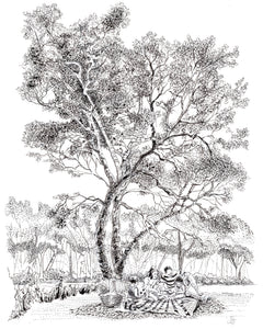 Picnic Under the Sycamore pen and ink drawing by Pat Cross.
