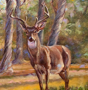 The Buck Stops Here original oil painting detail of buck  by Pat Cross