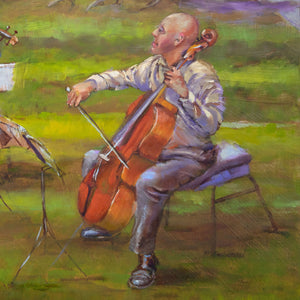 Vivaldi in the Park oil painting detail of celloist  by Pat Cross.