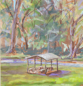 Vivaldi in the Park oil painting detail of park pavilion by Pat Cross.