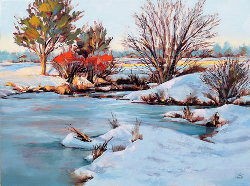 Winter on the River Bank original oil painting by Pat Cross.