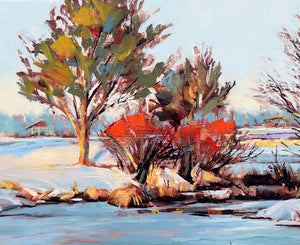 Winter on the River Bank original oil painting detail by Pat Cross.